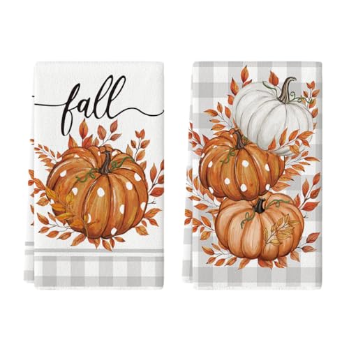 Artoid Mode Orange Buffalo Plaid Leaves Pumpkin Fall Kitchen Towels Dish Towels, 18x26 Inch Farmhouse Decoration Hand Towels Set of 2