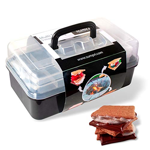 SUMPRI Smores Caddy -Two Folding Trays Smore Storage Box (Does NOT Include Skewers) Keeps Your Marshmallow Roasting Sticks,Crackers,Chocolate Bars Organized -Campfire,Fire Pit Accessories Kit (Black)