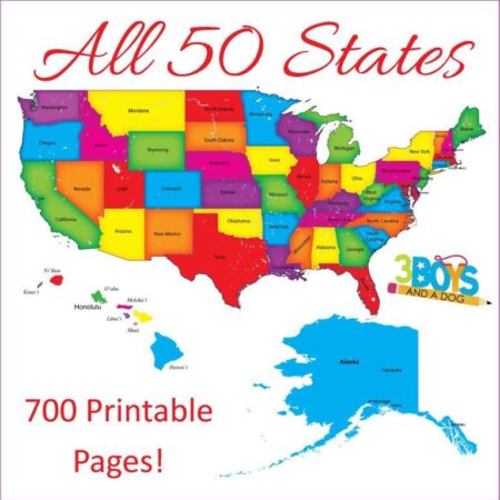 A colorful cartoon map of the United States with each state labeled and colored differently. Text reads All 50 States and 700 Printable Pages! alongside a logo for 3 Boys and a Dog, featuring three balloons, perfect for combining geography fun with 3 Little Pigs Preschool Cutting Practice.