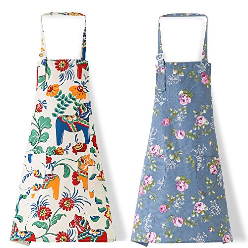 2 Pack Apronner Bib Aprons for Women Soft Cotton Linen Kitchen Cooking Chef Apron with Pockets Adjustable Machine Washable 003