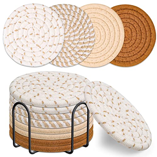 Mckanti Drink Coasters Set of 8, 4 Colors Absorbent Coasters for Drinks, Minimalist Cotton Woven Coaster for Living Room Decor, Fall Home Decor, 4.3 Inches