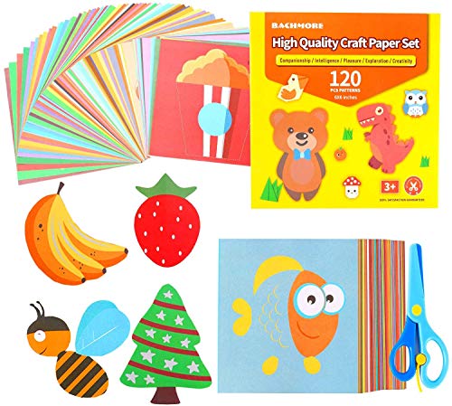 Upriver 120 PCS Kids Scissors Crafts Kits Paper Cut Set Scissor Skills Activity Cutting Book Origami Paper Art for Preschool Children.