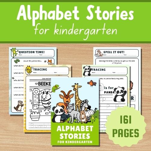 Cover image for Alphabet Stories for Kindergarten, featuring illustrated animals like a panda and giraffe. Includes sample pages of activities such as tracing, spelling, and Q&A. Dive into 161 pages of content, including the captivating Letter L story for little learners.
