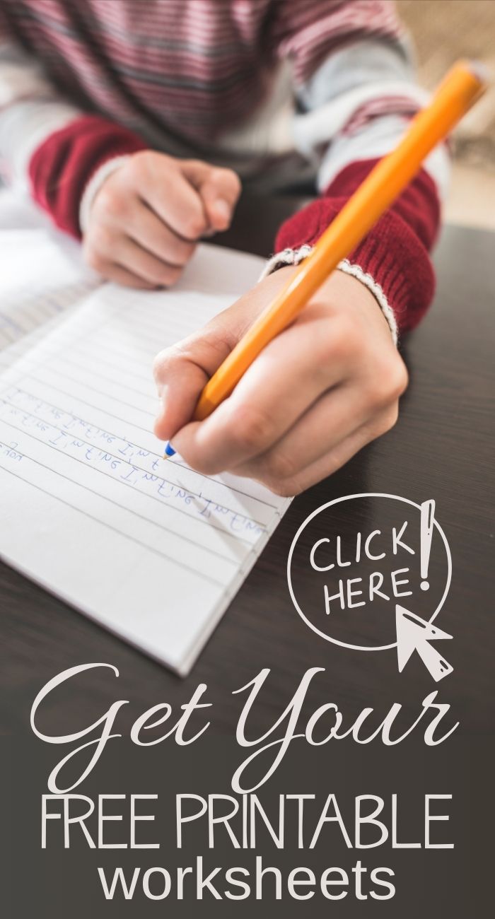 A child diligently writes in a notebook, pencil in hand. Overlaying this scene is a graphic with Click Here! and a cursor icon, inviting you to Get Your Free Alabama State Fact File Worksheets.