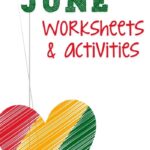 A heart filled with red, yellow, and green stripes graces the bottom left, while June Worksheets & Activities stands bold in green and red on a white backdrop. Its a vibrant prelude to the engaging tasks that await just as eagerly as May Holiday Worksheets do.