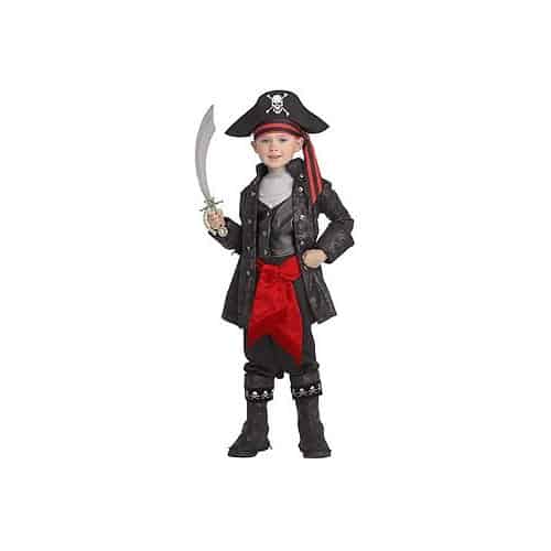 A child in a vibrant pirate costume, complete with a black hat featuring a skull and crossbones, wields a curved sword. The ensemble includes an elegant long black coat, red sash, and sturdy boots. Her long red hair is stylishly tied back with a scarf, making her stand out among the most outstanding costumes.
