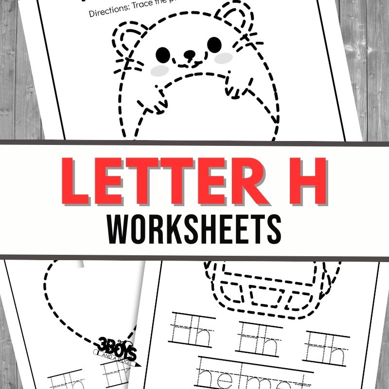 A preview of Letter H Worksheets for kids, featuring a dotted outline of a hamster to trace, large bold text reading LETTER H WORKSHEETS, plus pages for handwriting practice and tracing the letter H.