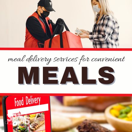 A food delivery person hands a large red bag to a masked woman, symbolizing the ease of meal delivery services. The image is split with text: convenient MEALS at your doorstep. Below it, a smartphone screen showcases the seamless process of using a food delivery app.