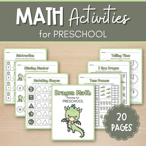 Cover image for a preschool math activity book titled Dragon Math Activities for Preschool. It features Grinch decoding worksheets alongside tasks like subtraction, shape matching, and time telling. A cartoon dragon is on the cover. The book has 20 pages.
