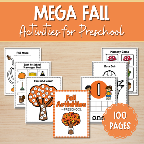 Image of a set of fall-themed preschool activity sheets, including maze, scavenger hunt, memory game, and do-a-dot pages. The cover reads Fall Coloring Activities for Preschoolers. A badge indicates there are 100 pages. The background is a wooden surface.