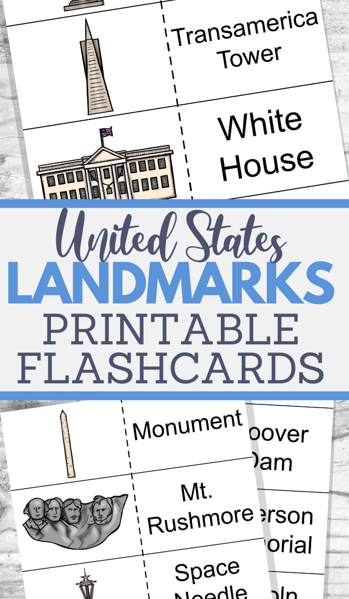 Flashcards showcasing beautifully illustrated U.S. landmarks, like the Transamerica Tower, White House, Washington Monument, Hoover Dam, Mount Rushmore, and the Space Needle. Titled USA Landmarks Flashcards for your educational enjoyment!