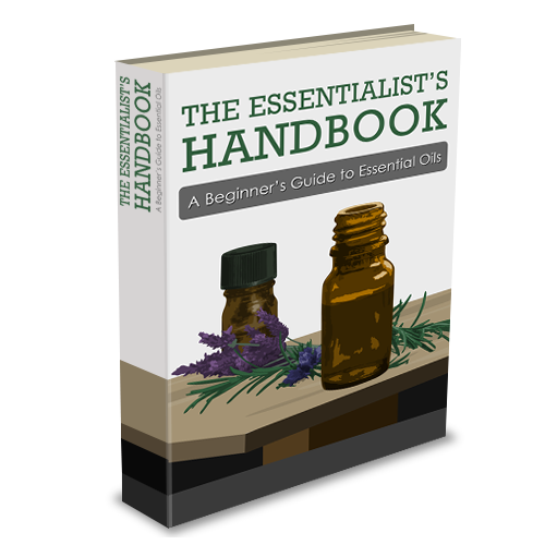 A 3D-rendered book titled The Essentialists Handbook: A Beginners Guide to Essential Oils features images of two essential oil bottles, sprigs of lavender and rosemary, and highlights the benefits of rose essential oil on its enticing cover.